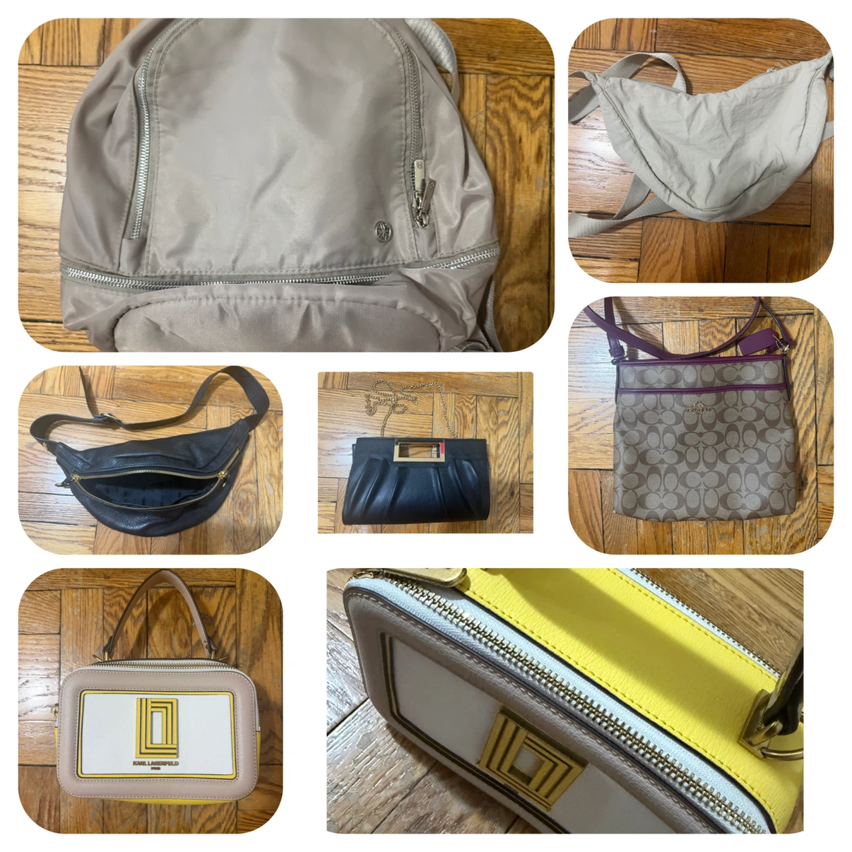 Lot of handbags and backpacks from various brands.