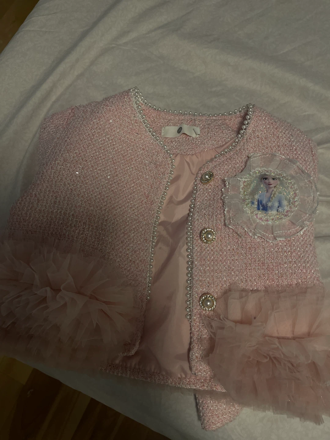 Girls Pink Tweed Jacket with Elsa Embellishment