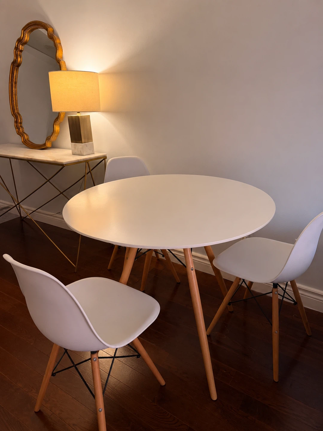 White Round Dining Table with 3 Chairs