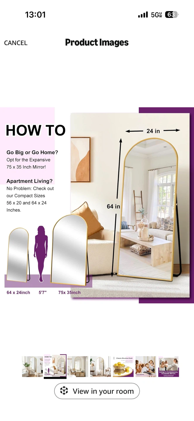 Arched Full Length Mirror, Gold - photo 2