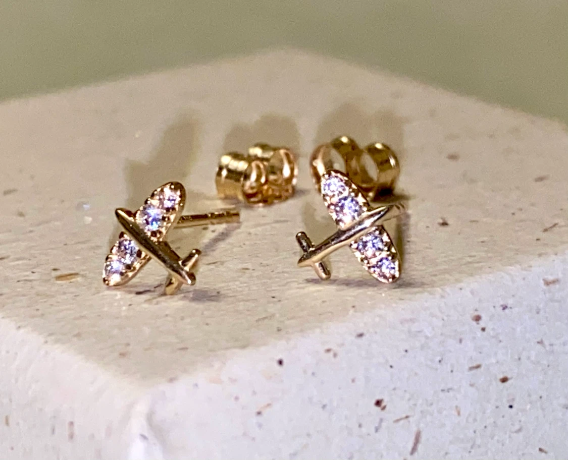 9K Gold Airplane Stud Earrings with Crystals