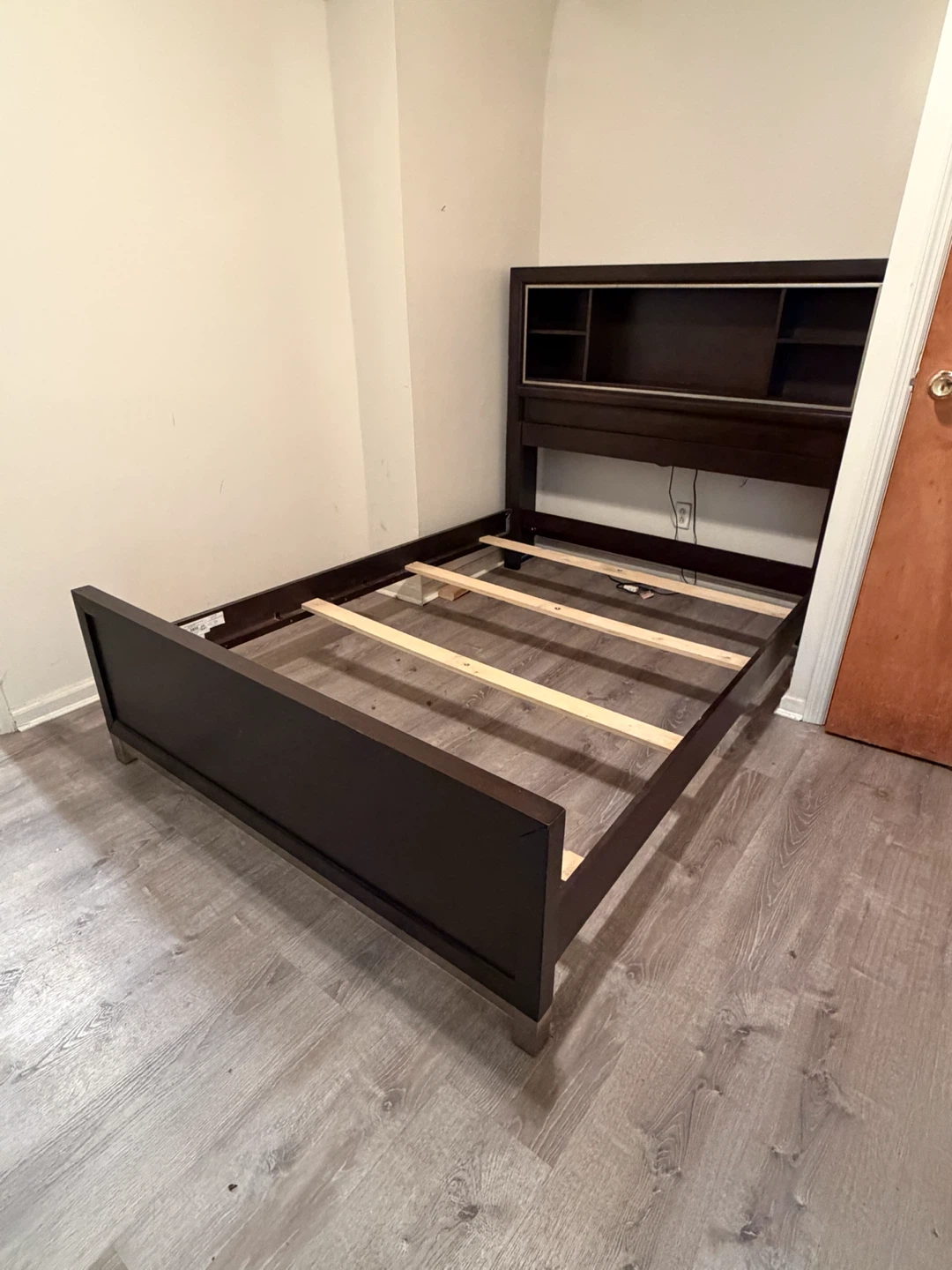 Dark Wood Bed Frame with Headboard Storage
