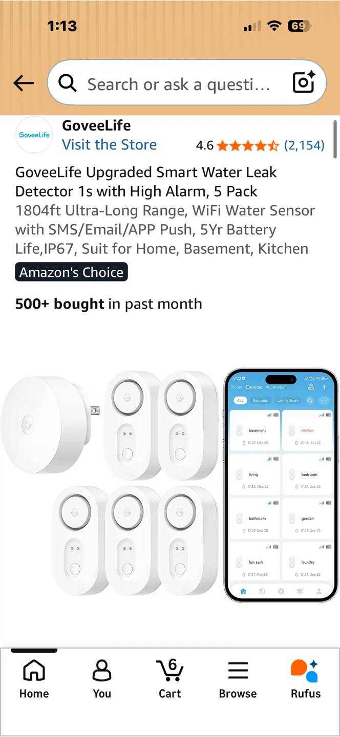 GoveeLife Upgraded Smart Water Leak Detector 1s, 5 Pack