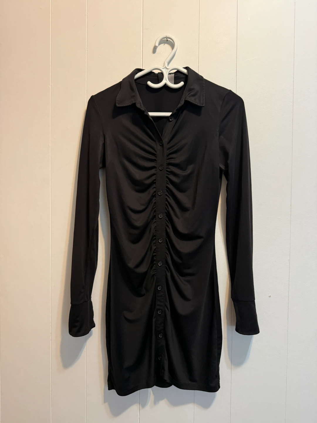Black Ruched Button-Up Dress