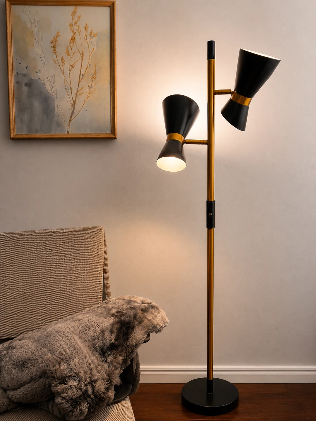Dual Head Floor Lamp - Black and Gold