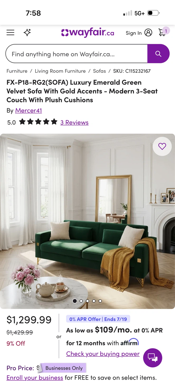 Emerald Green Velvet Sofa with Gold Accents