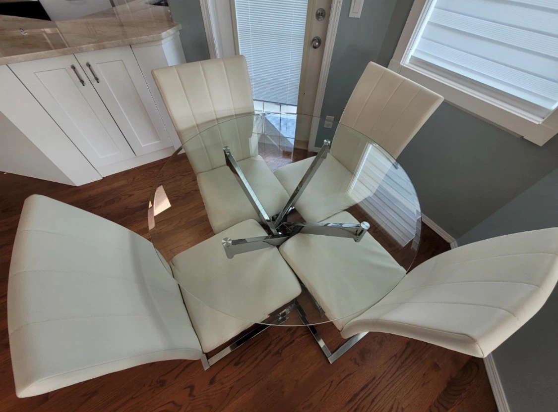 Glass Dining Table with 4 White Chairs