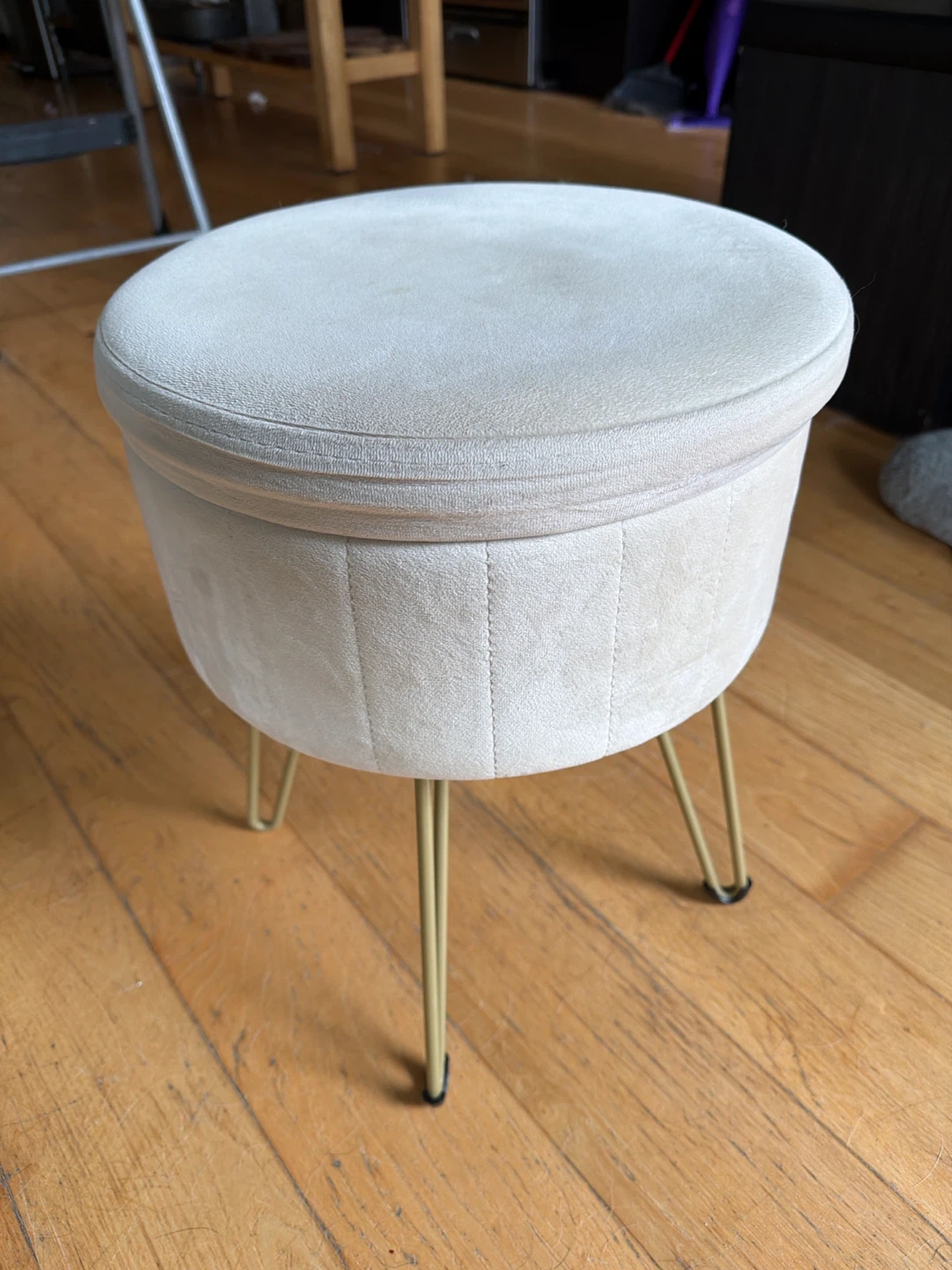 Cream Velvet Storage Ottoman with Gold Legs
