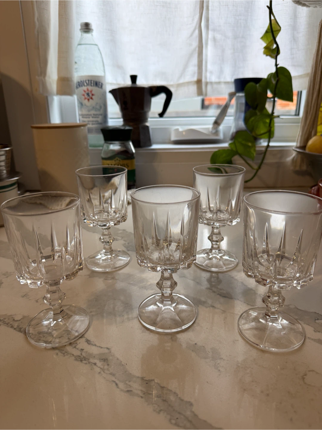 Set of 5 clear cut crystal wine glasses