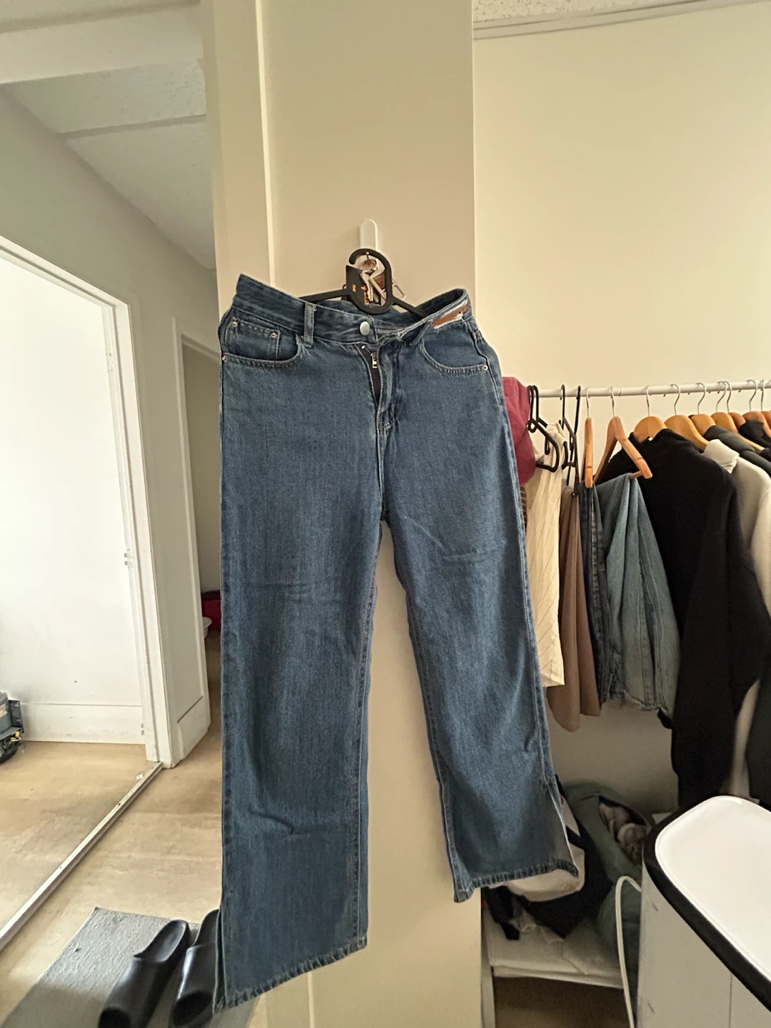 Blue Denim Wide Leg Jeans with Slit Detail - photo 3