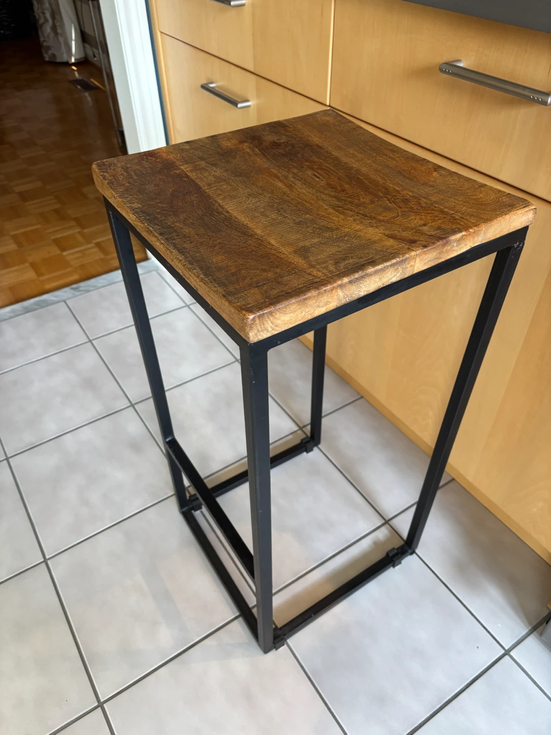 Industrial Style Bar Stool with Wooden Seat