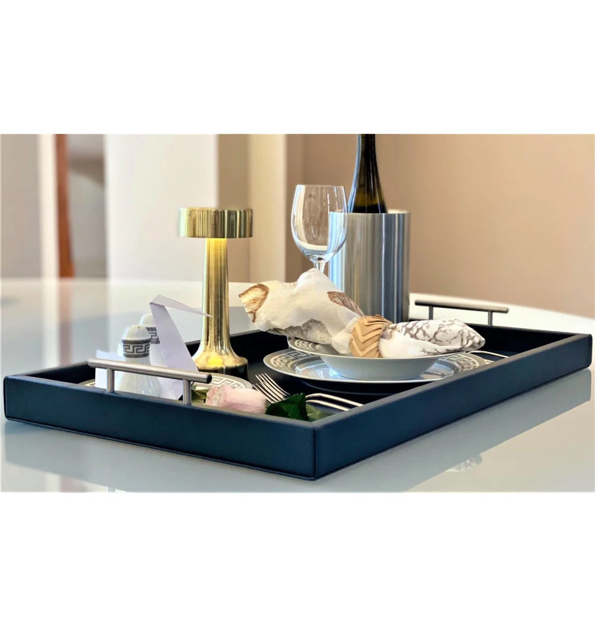 ONE PRIVÉ leather Serving Tray with nickel Handles 15x26 inches