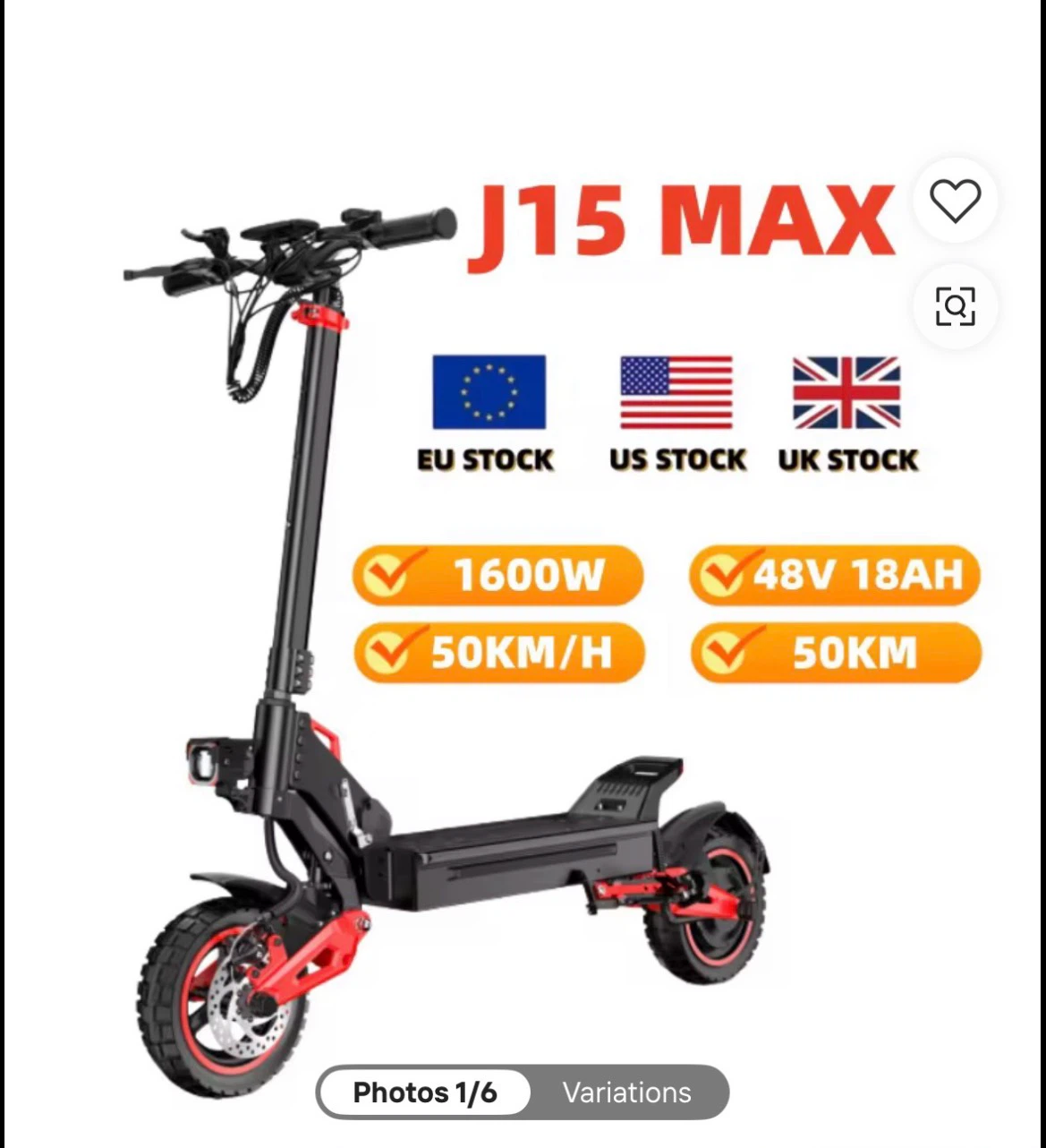 J15 MAX Electric Scooter 1600W 48V 18Ah