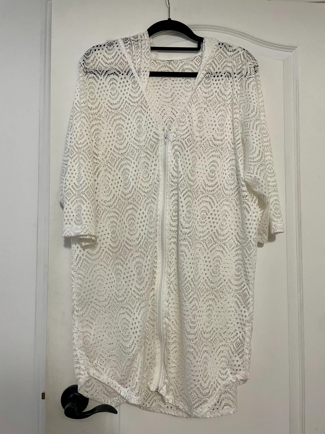 White Lace Zip-Up Hooded Cover-Up Size Large