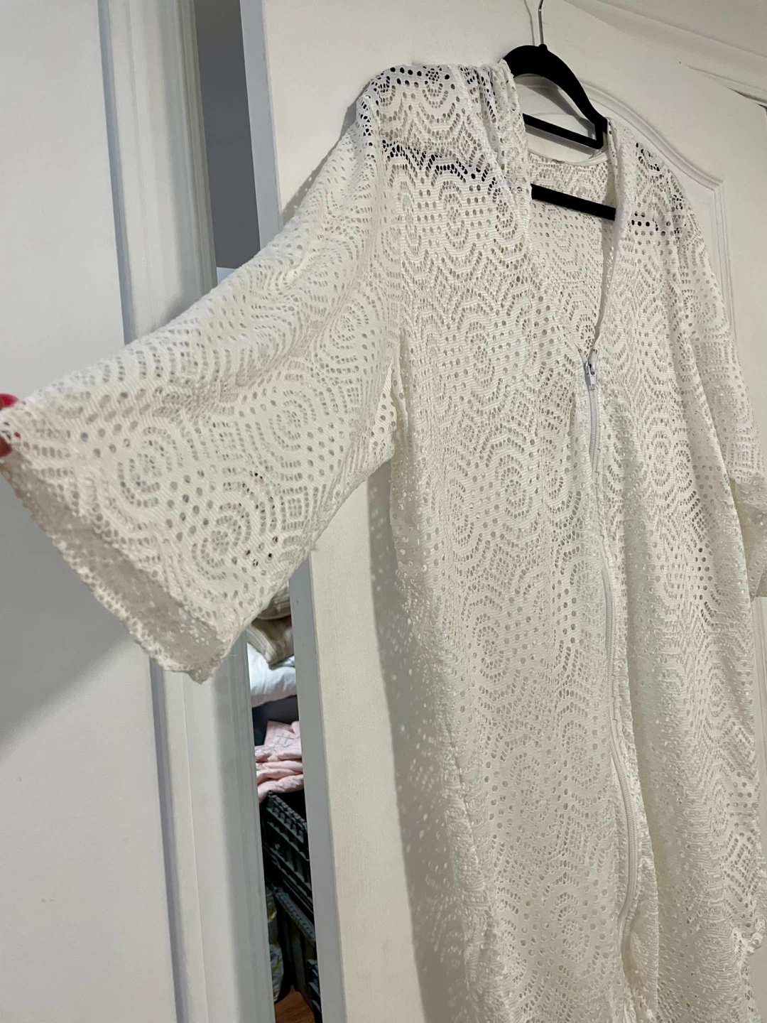 White Lace Zip-Up Hooded Cover-Up Size Large - photo 2