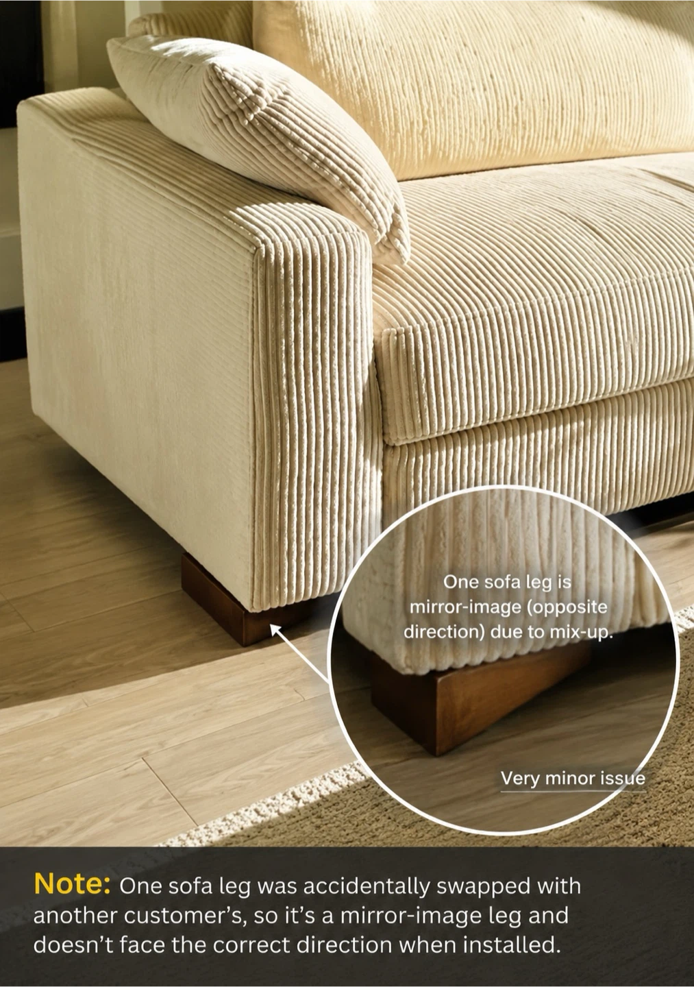 Beige Corduroy Sofa with Minor Leg Issue