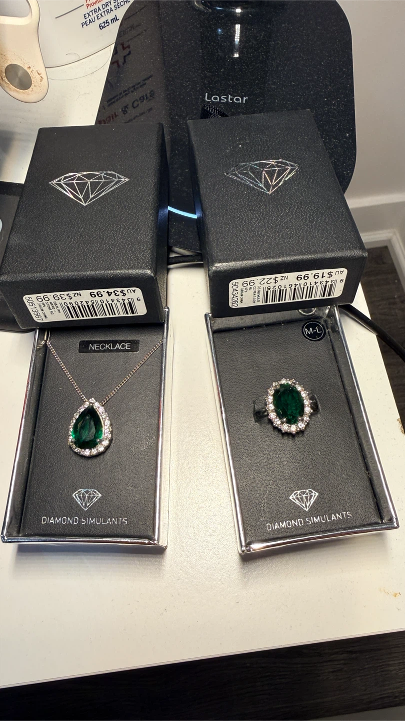 Diamond Simulants Necklace and Ring Set - Emerald Green