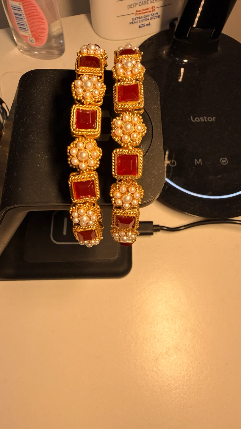 Gold Bangles with Red Stones and Pearls