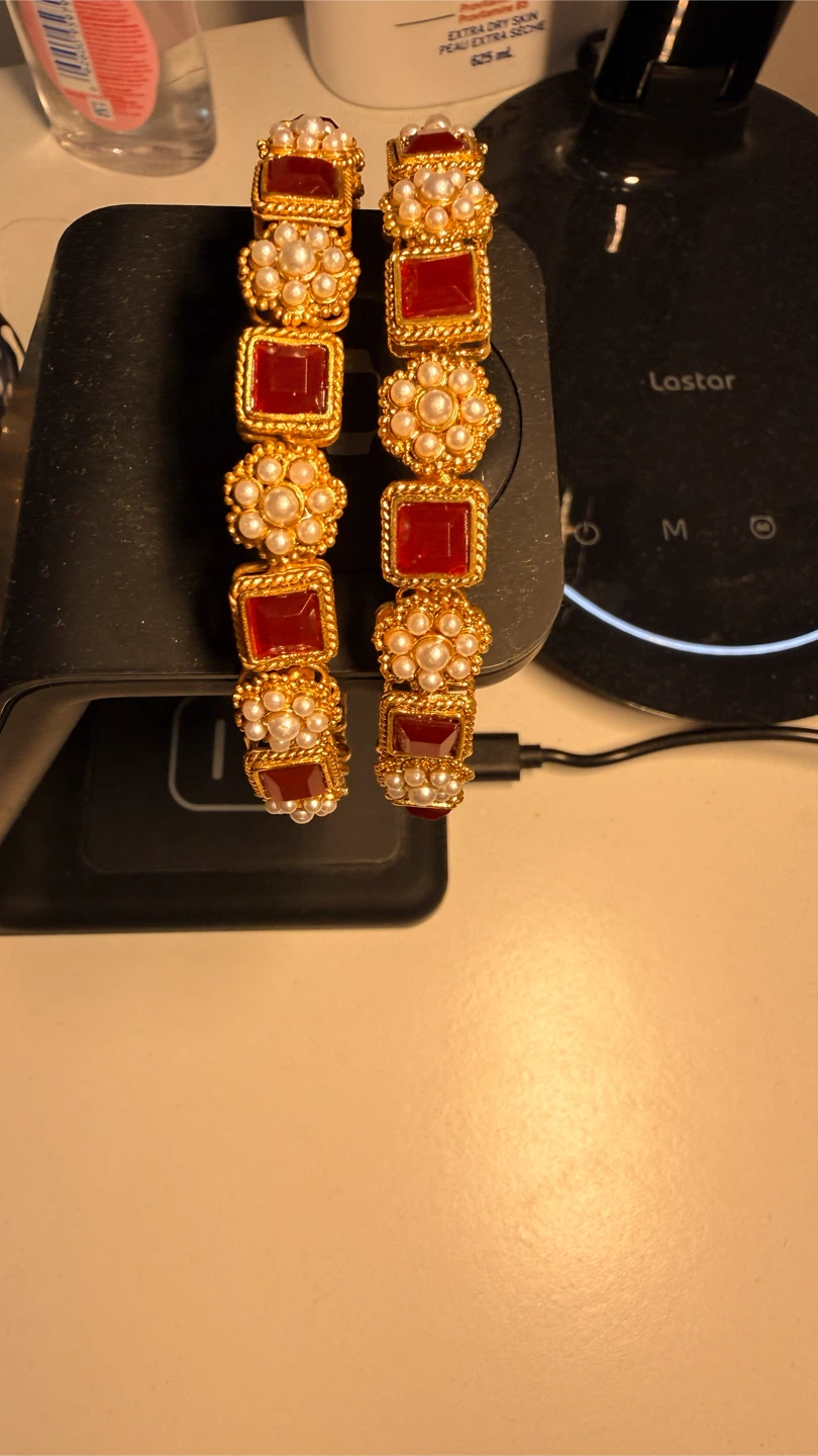 Gold Bangles with Red Stones and Pearls - photo 2