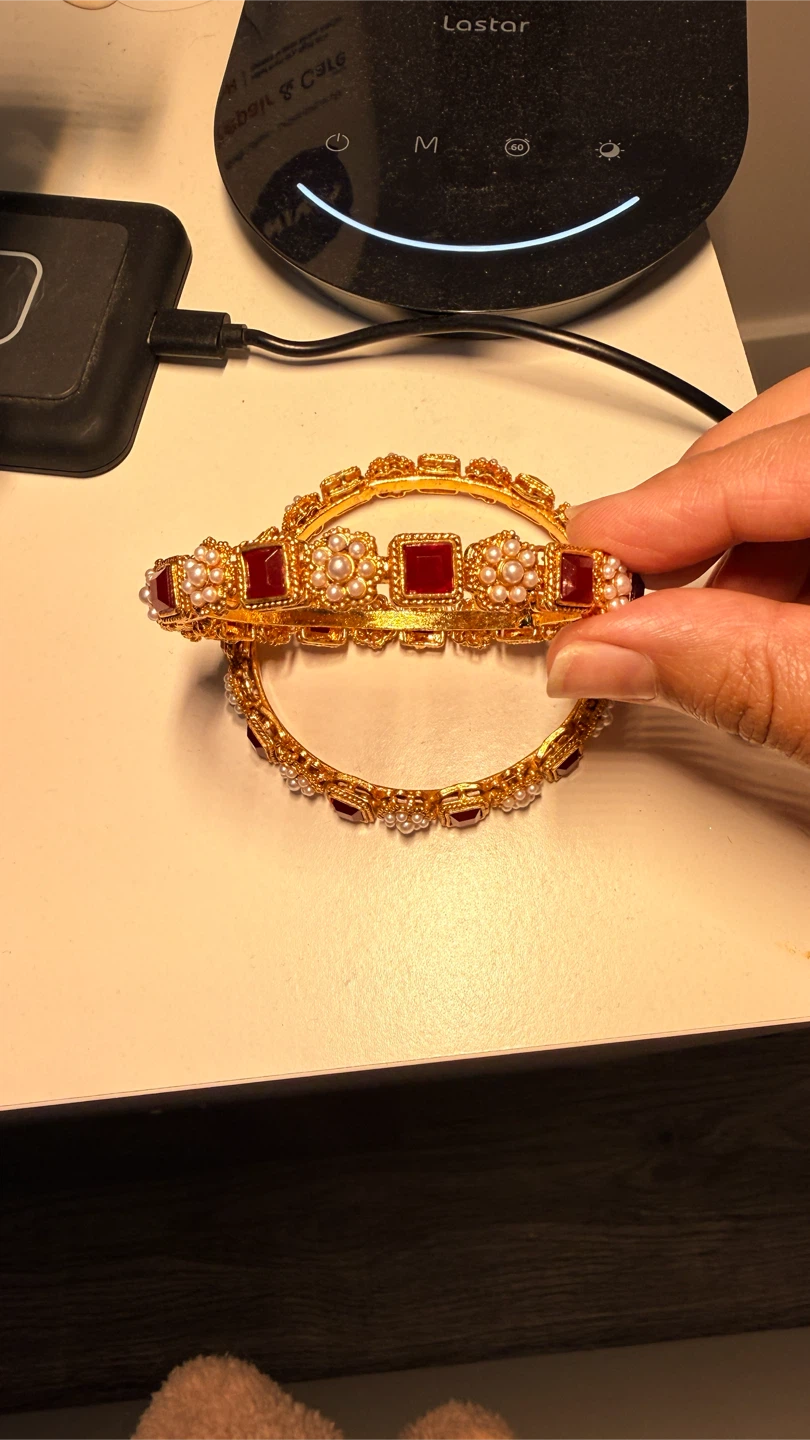 Gold Bangles with Red Stones and Pearls - photo 3