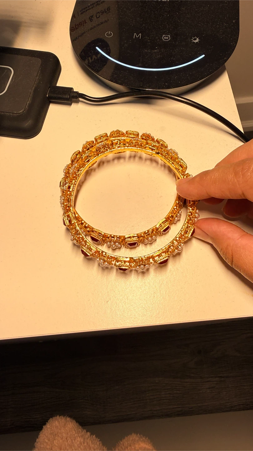 Gold Bangles with Red Stones and Pearls - photo 4