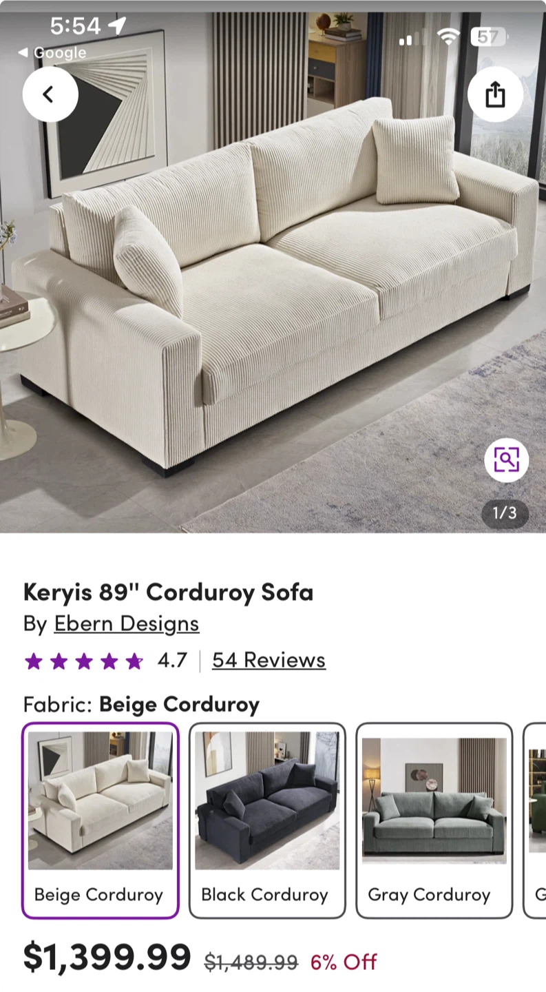 Beige Corduroy Sofa with Minor Leg Issue - photo 5