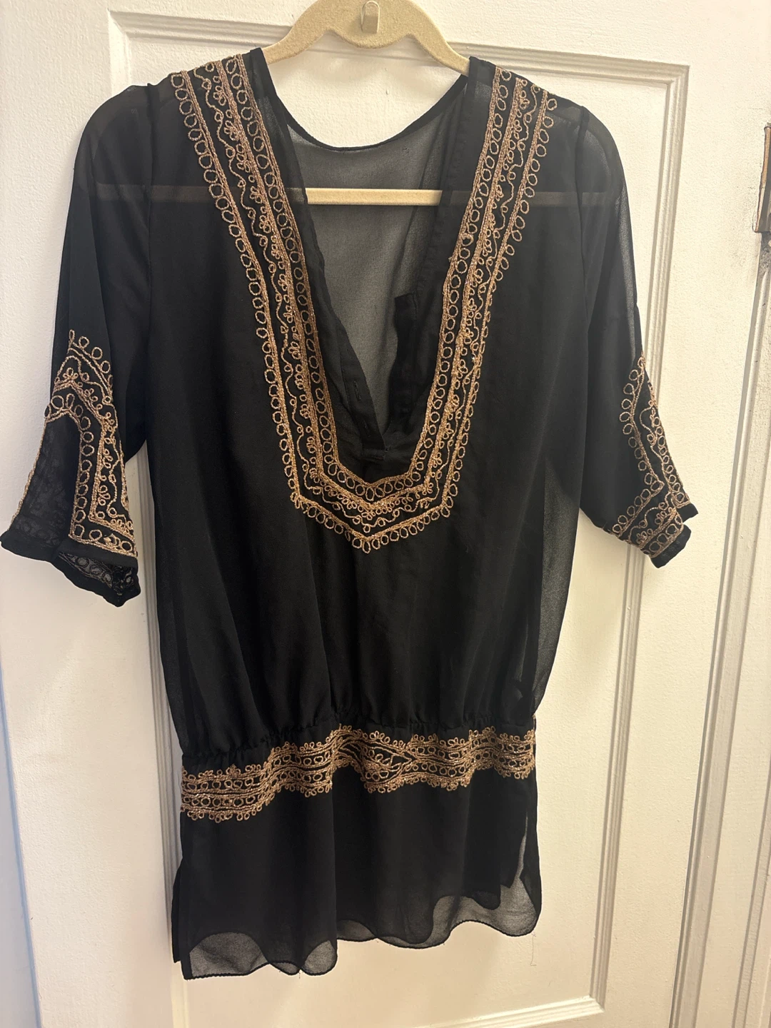 Le Château Black Sheer Tunic with Gold Embroidery