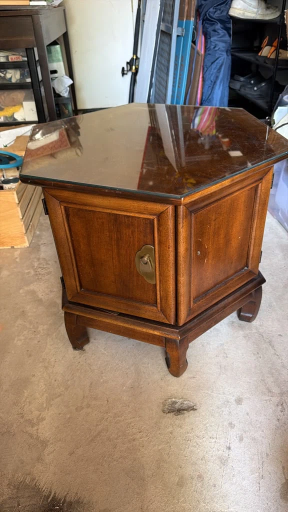 Vintage Hexagonal End Table with Glass Top