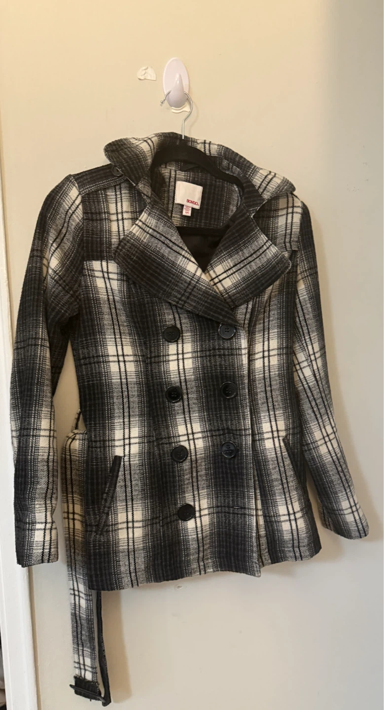 Women's Black & White Plaid Double-Breasted Peacoat – Size S