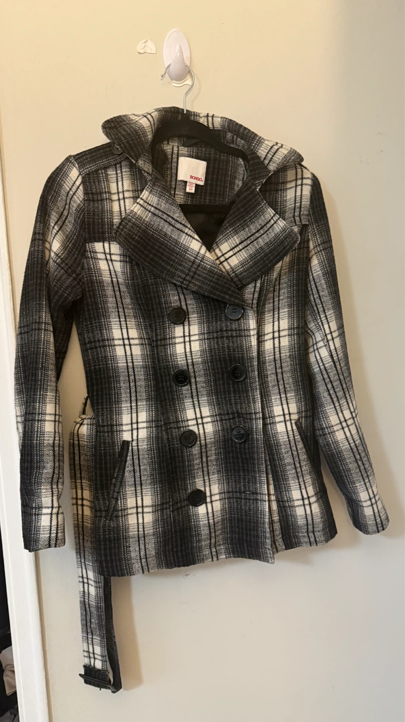 Women's Black & White Plaid Double-Breasted Peacoat – Size S - photo 2