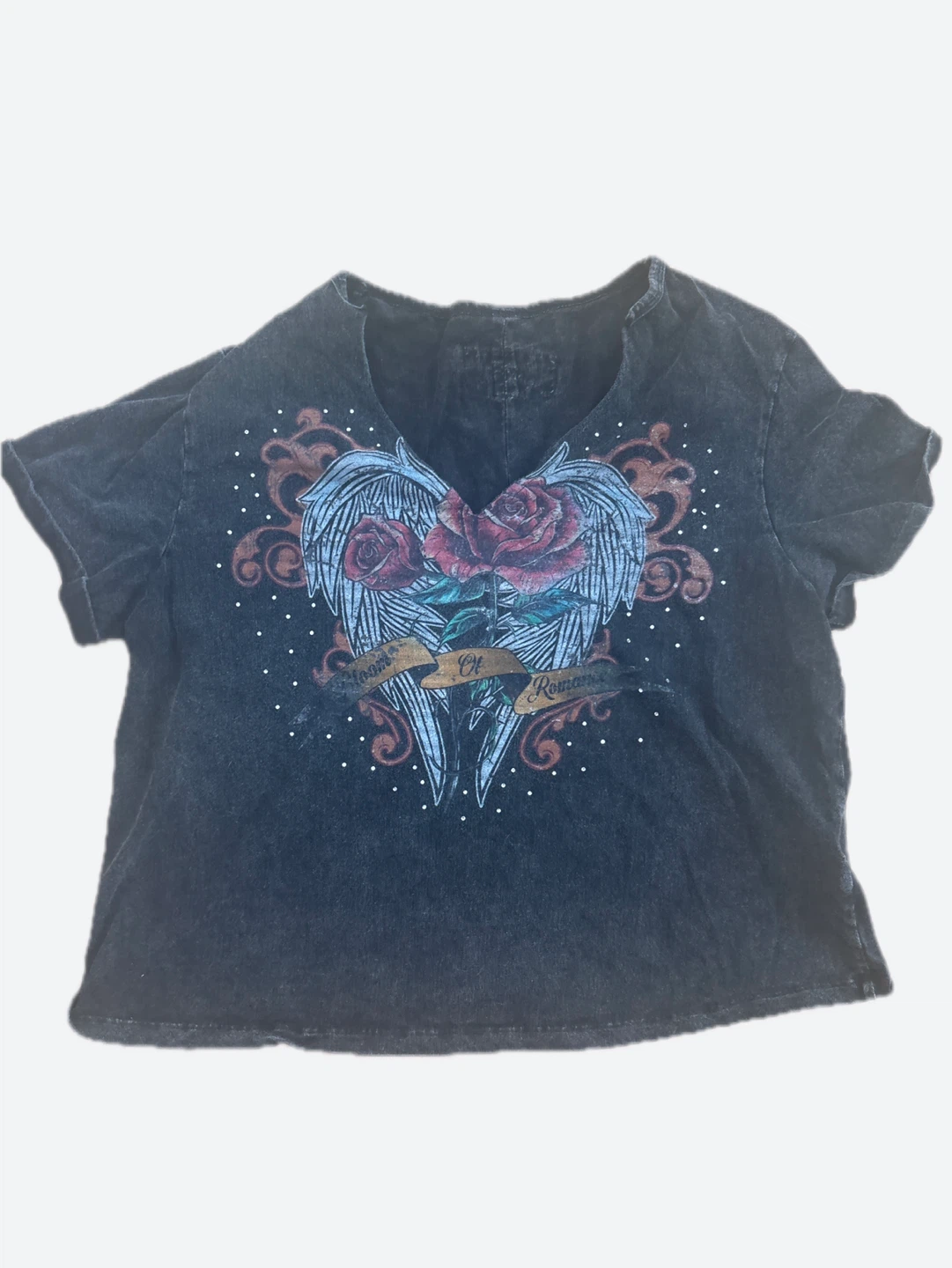 Graphic T-Shirt with Roses and Wings