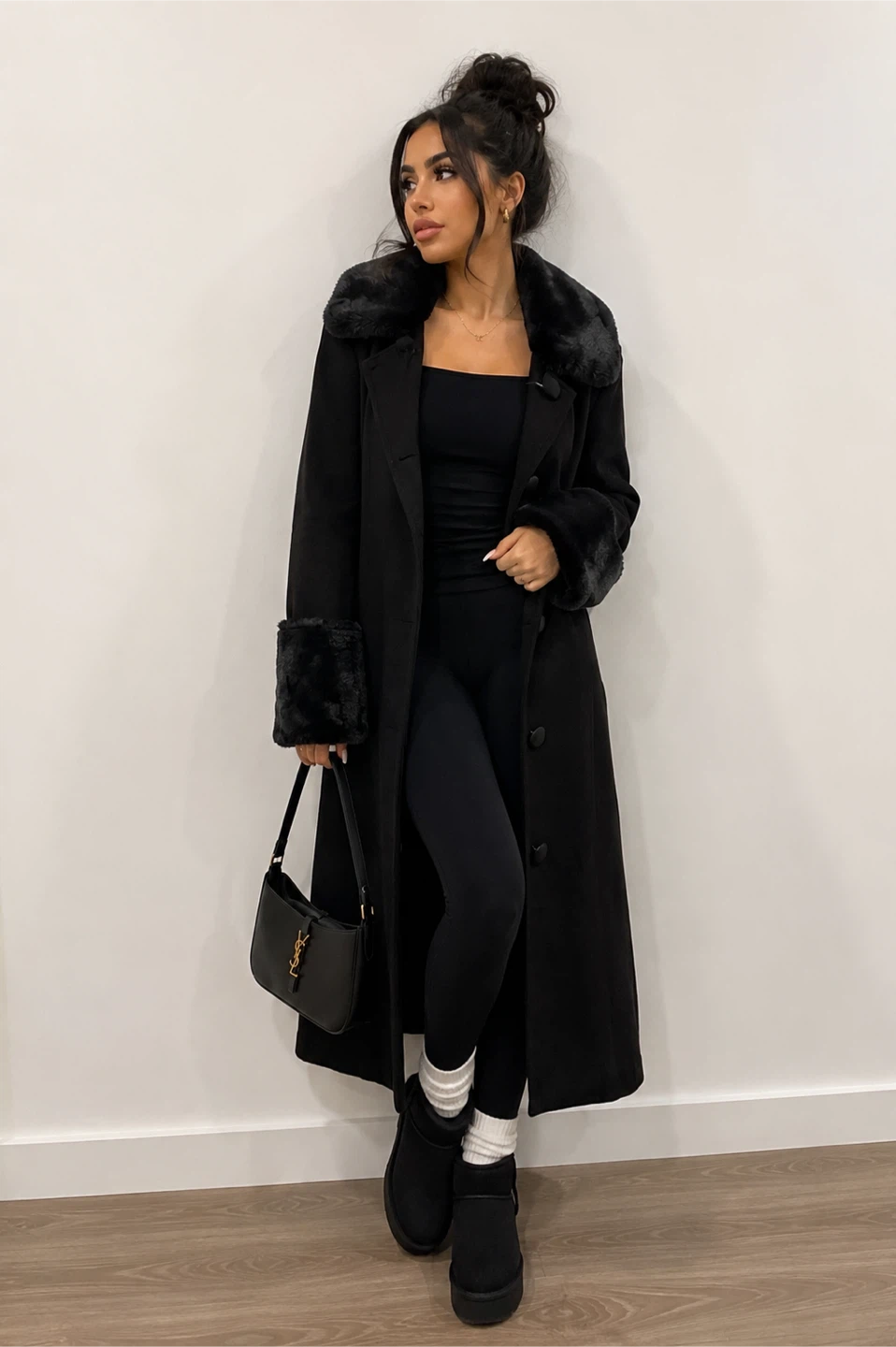 New Black Long Coat with Fur