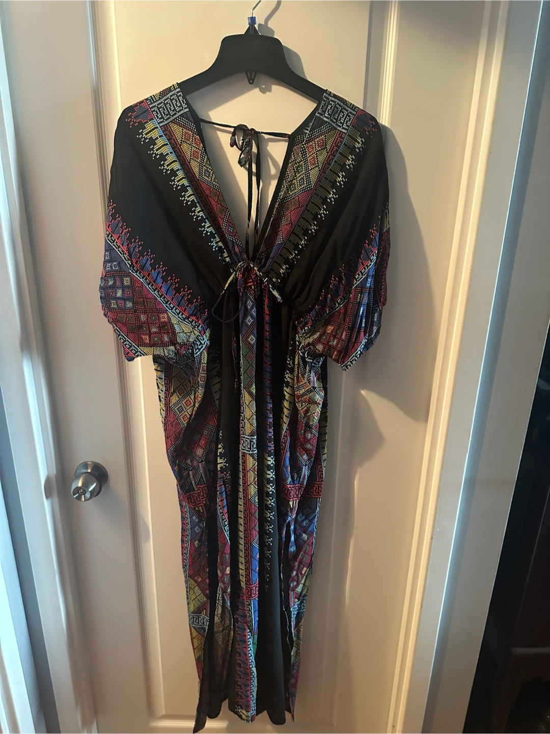 Black Kaftan Dress / Cover Up with Geometric Print - photo 2