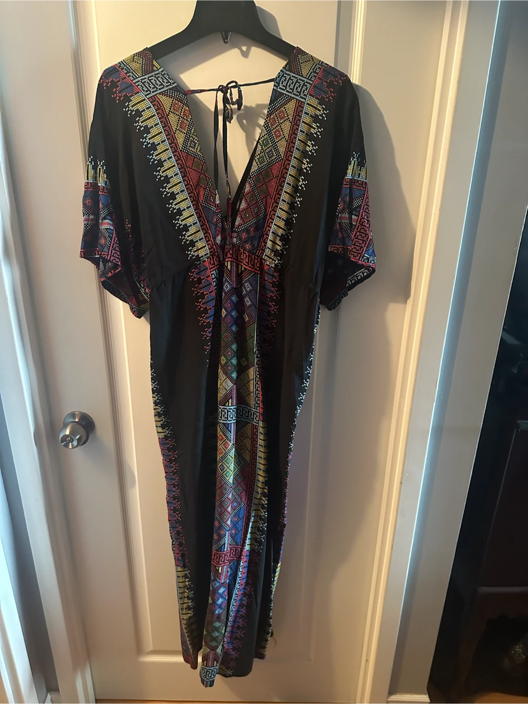 Black Kaftan Dress / Cover Up with Geometric Print - photo 3