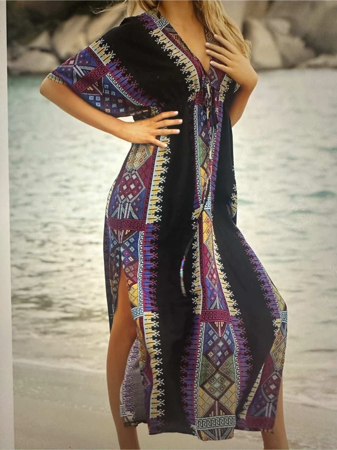 Black Kaftan Dress / Cover Up with Geometric Print