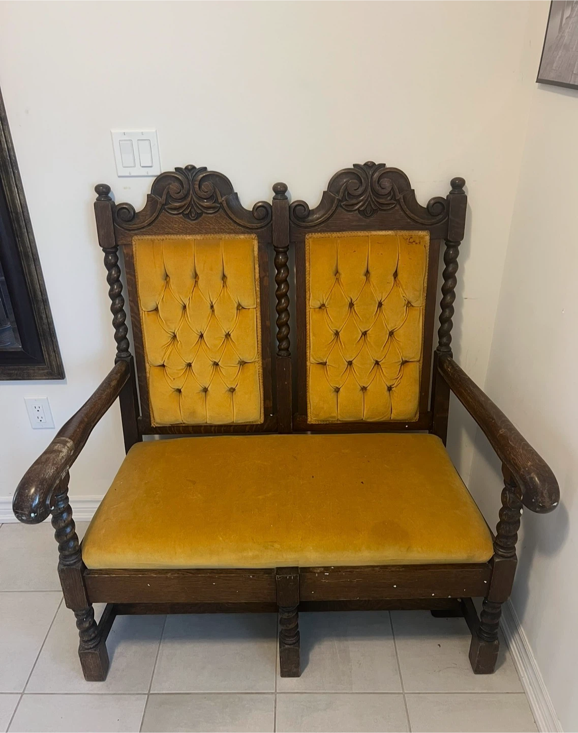 Antique Oak Bench with Yellow Tufted Velvet Upholstery