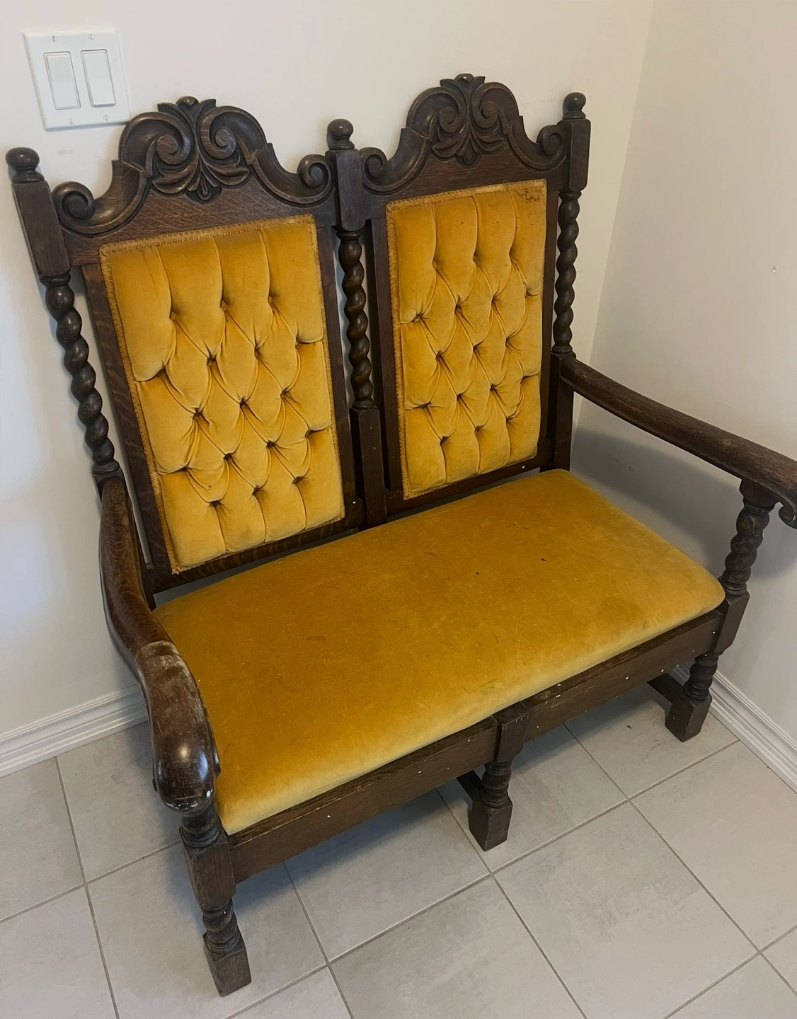 Antique Oak Bench with Yellow Tufted Velvet Upholstery - photo 2
