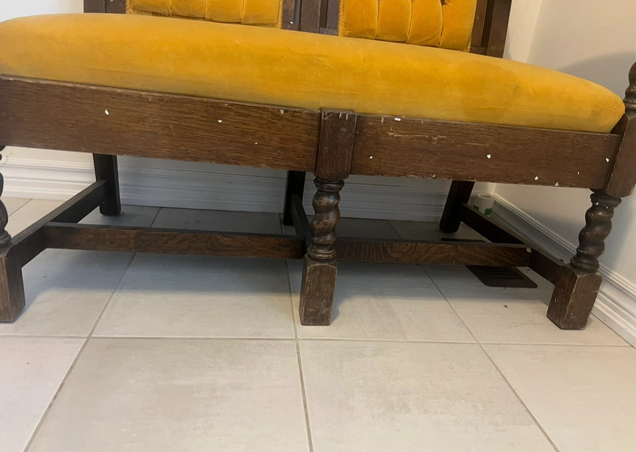 Antique Oak Bench with Yellow Tufted Velvet Upholstery - photo 5