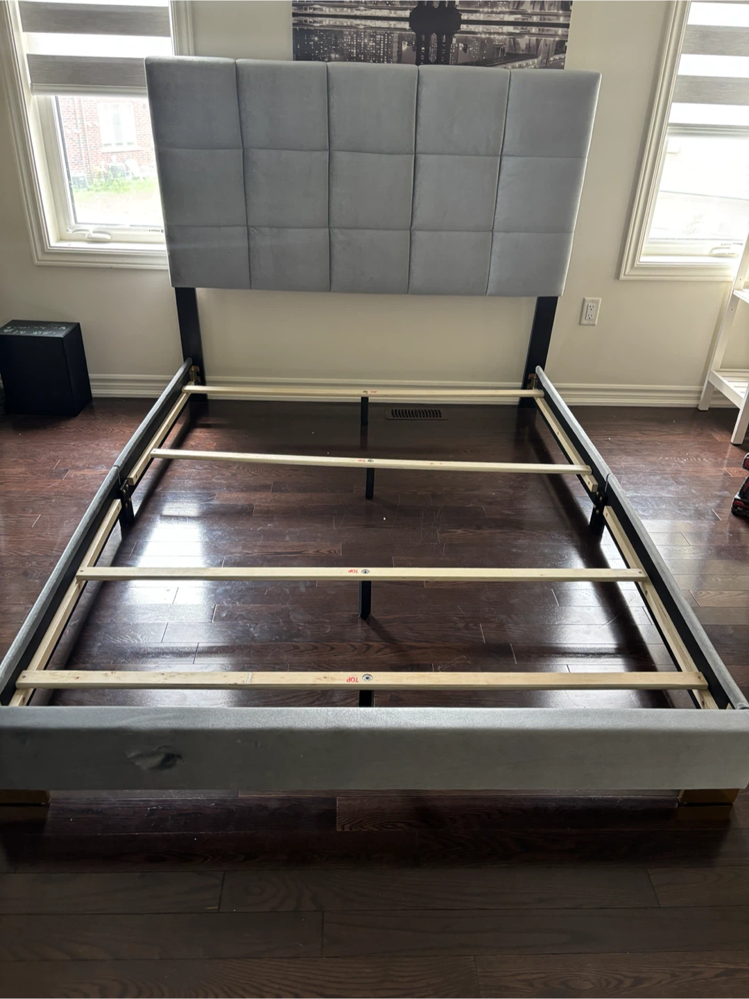 Queen Grey Upholstered Bed Frame with Headboard- AS IS