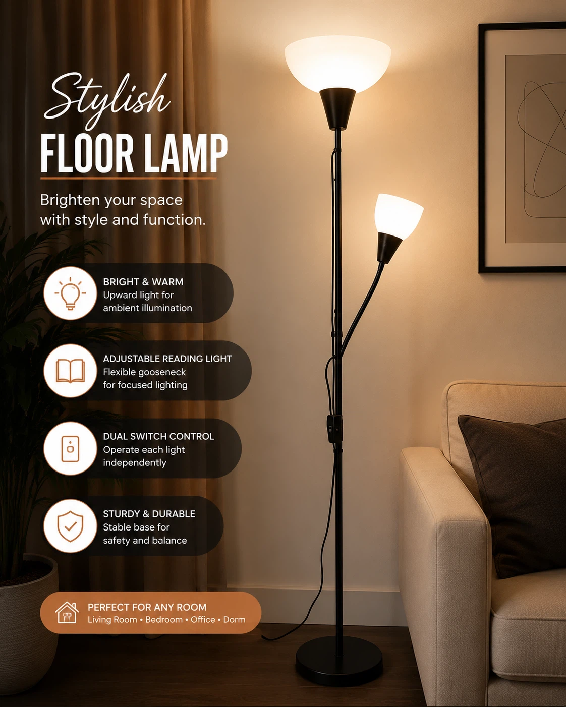 Stylish Floor Lamp with Adjustable Reading Light