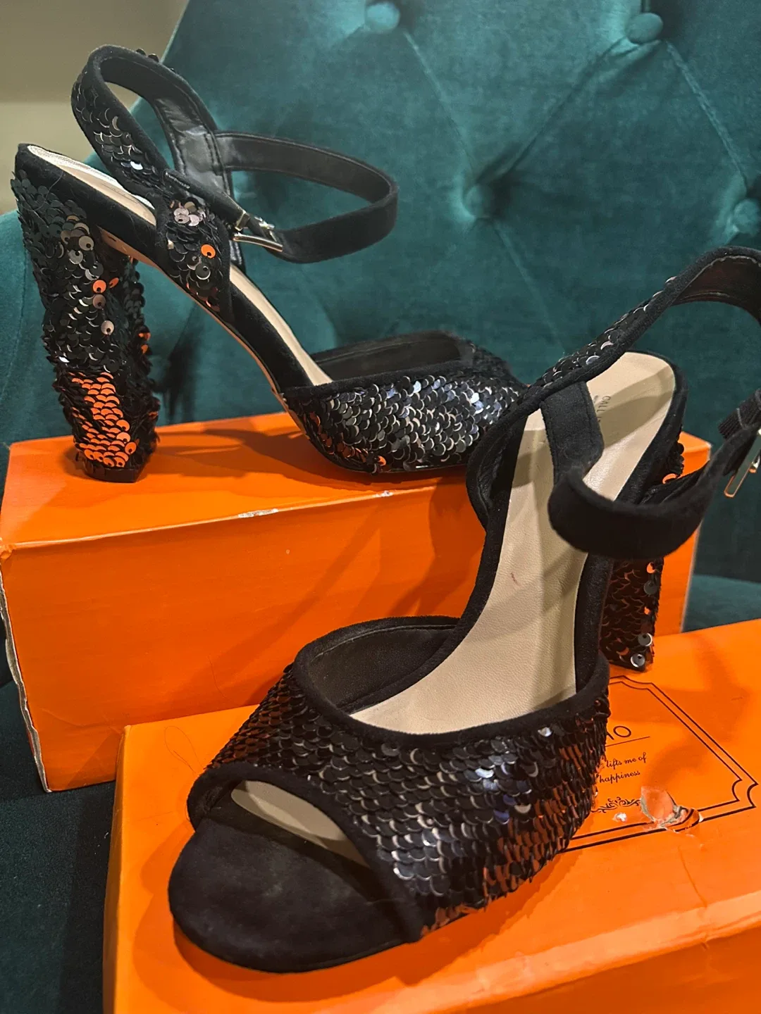 Black Sequin Block Heel Sandals