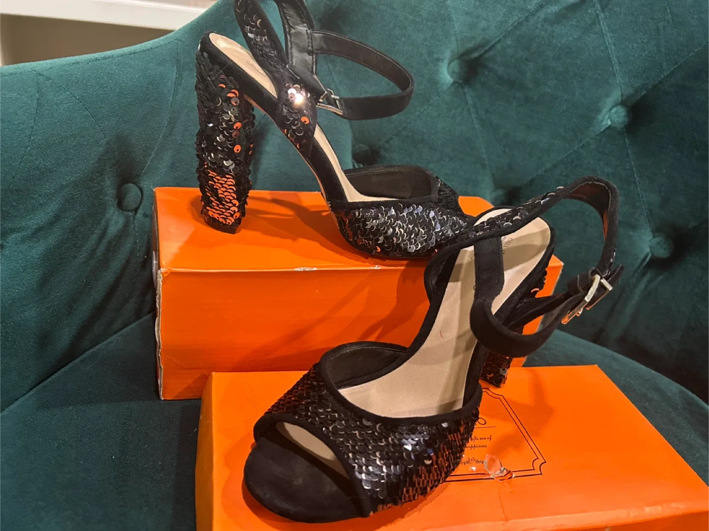 Black Sequin Block Heel Sandals - photo 2