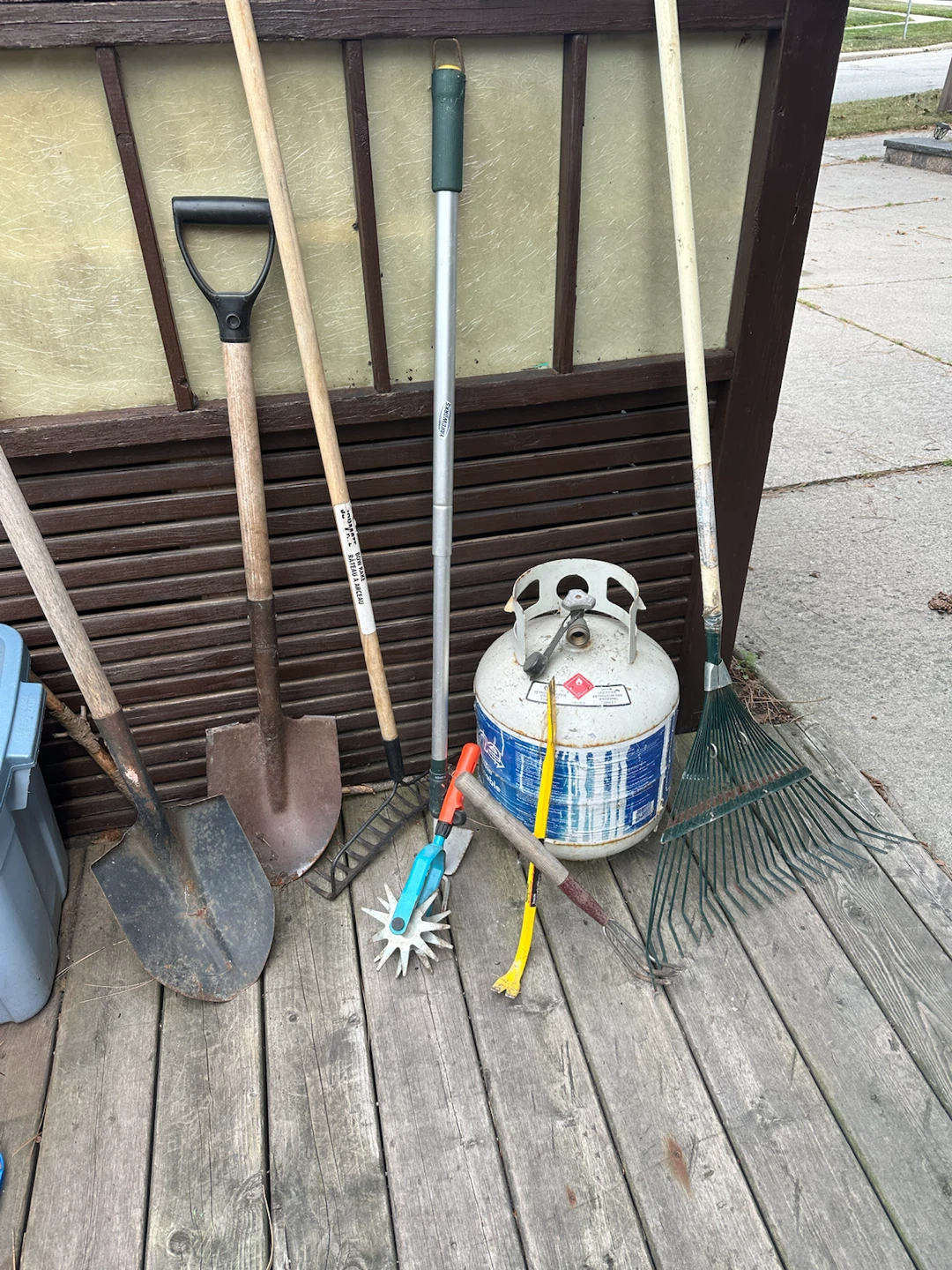 Assorted Garden Tools and Propane Tank