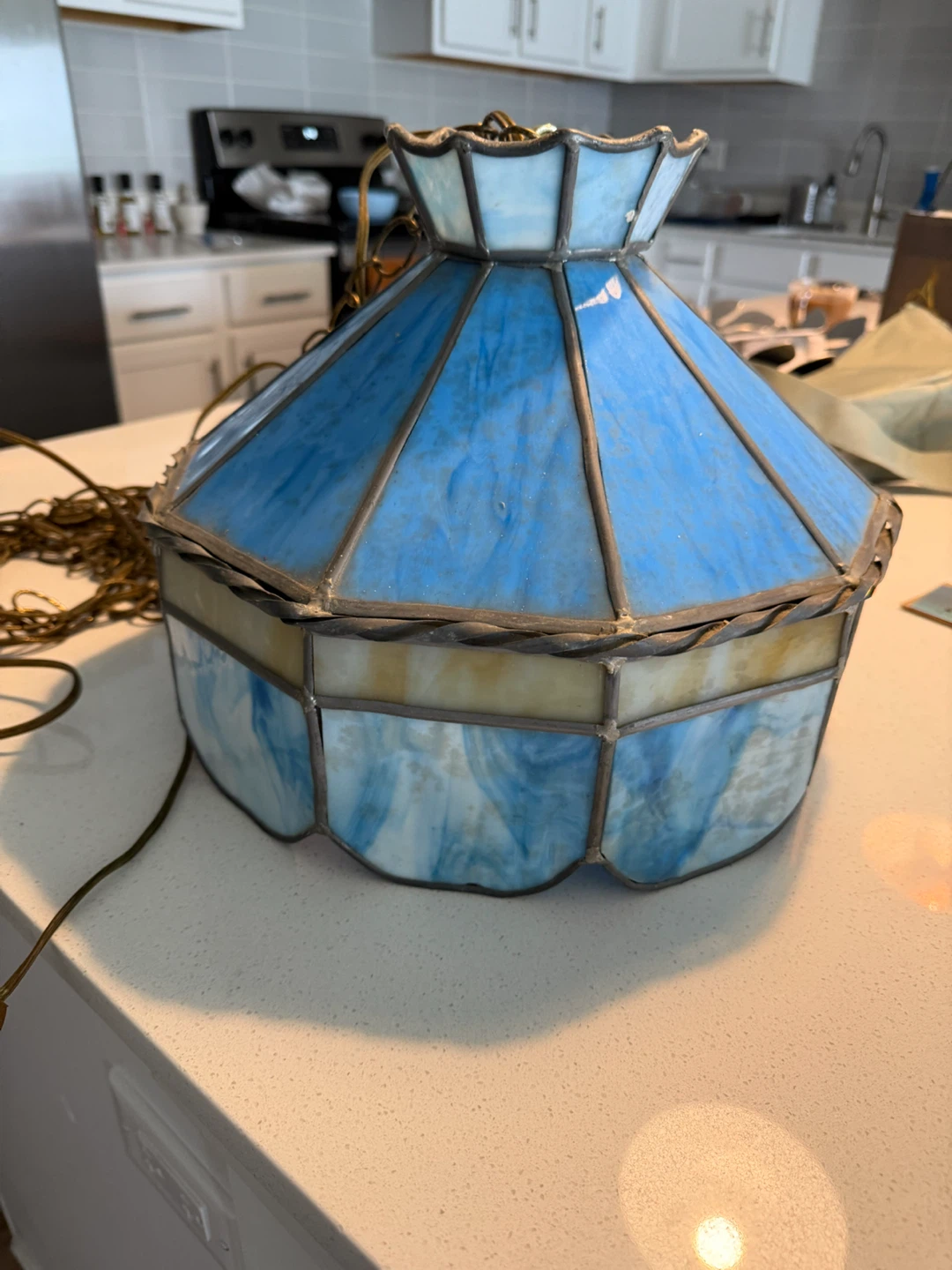 Blue Stained Glass Hanging Lamp with Chain