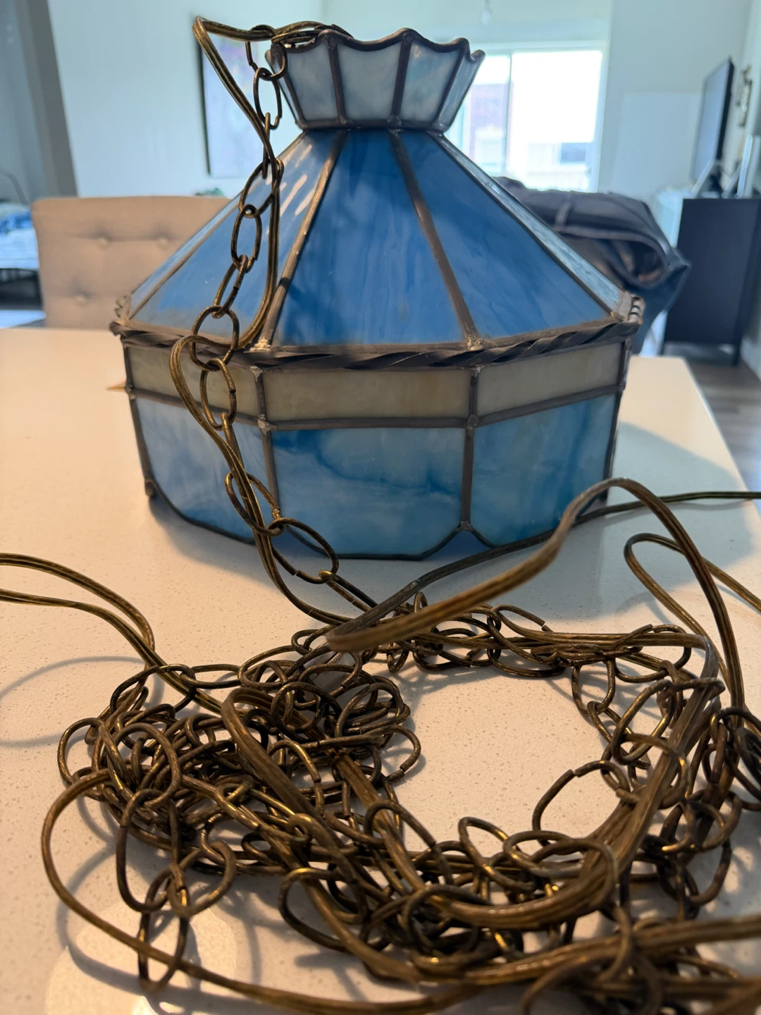 Blue Stained Glass Hanging Lamp with Chain - photo 3