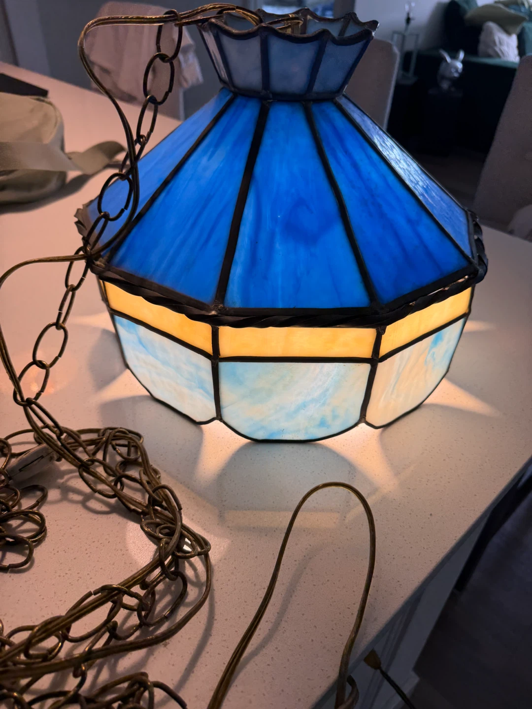 Blue Stained Glass Hanging Lamp with Chain - photo 4