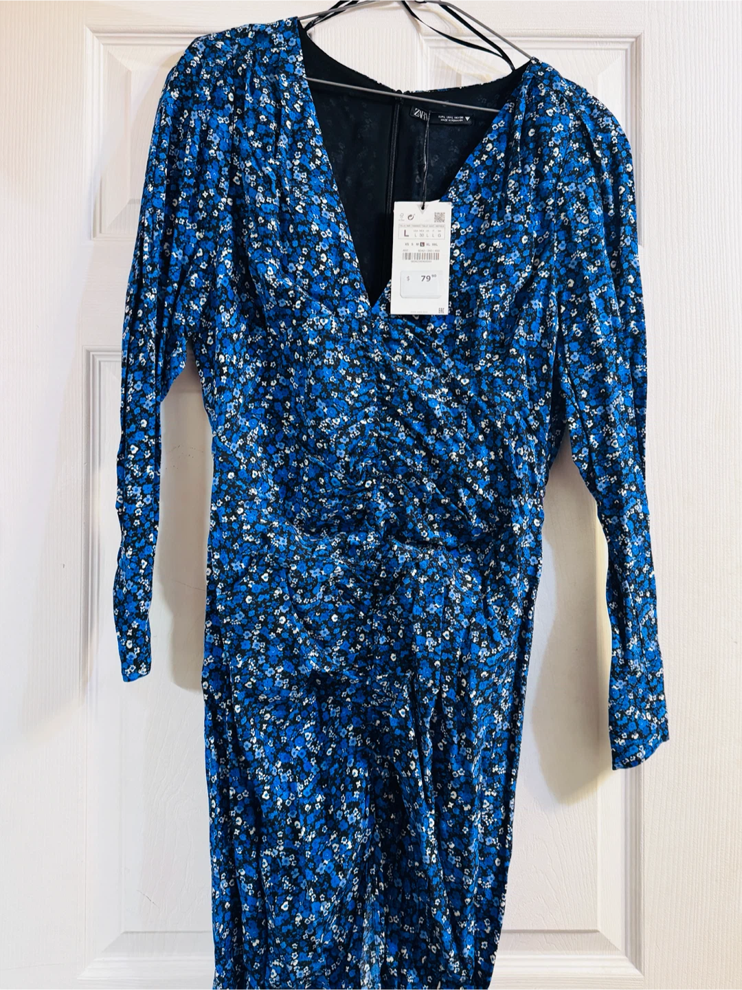 ZARA Blue Floral Print Ruched Long Sleeve Dress