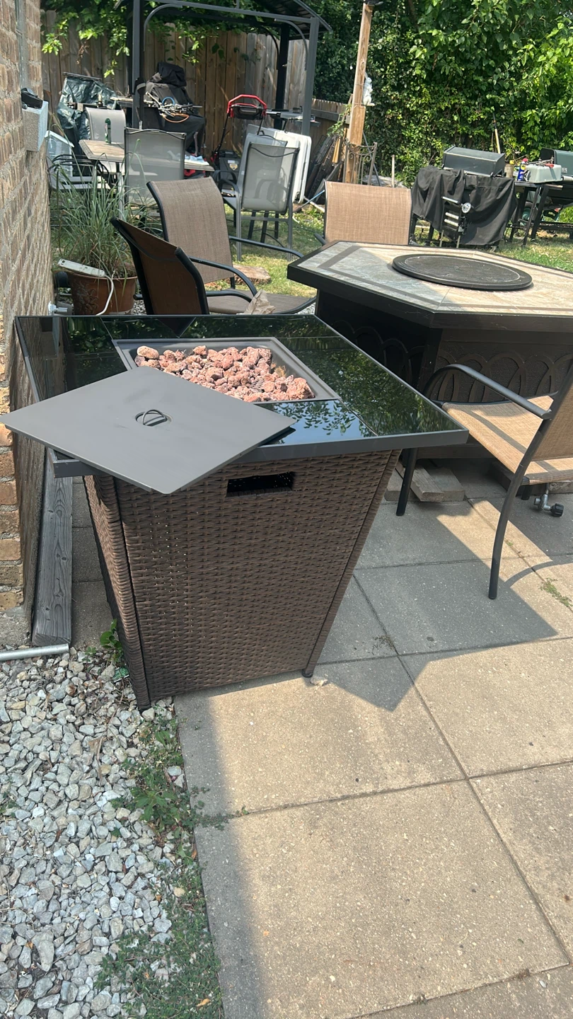 Wicker Outdoor Propane Fire Pit Table with Glass Top