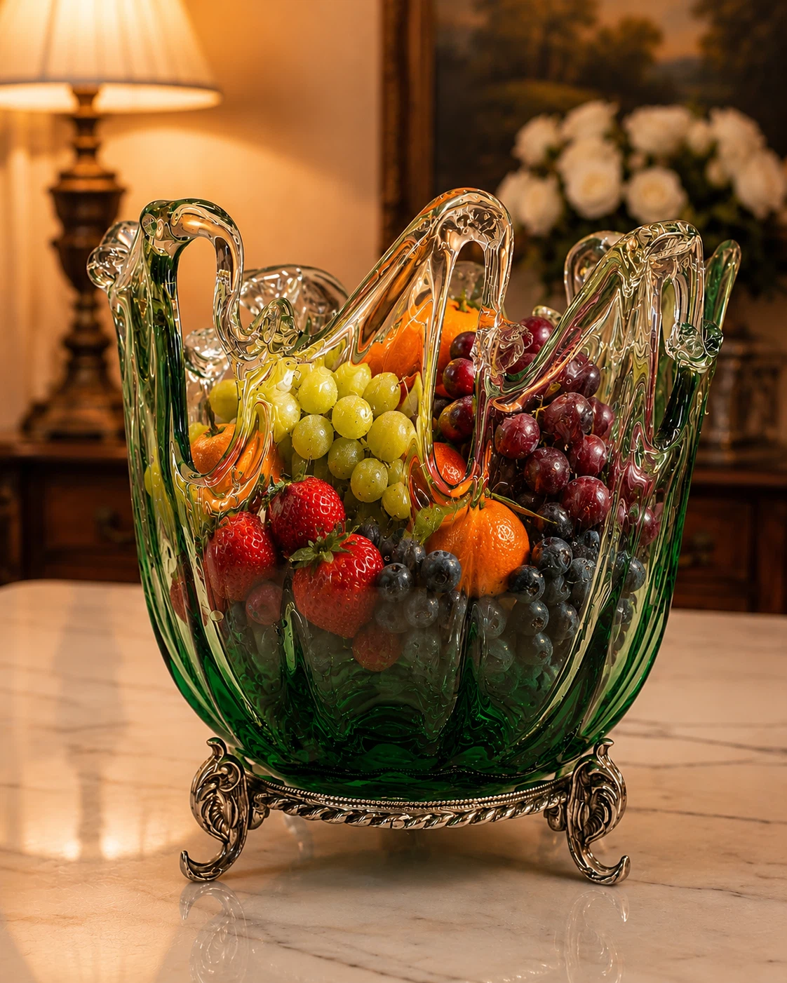 Large Green Art Glass Footed Centrepiece Bowl