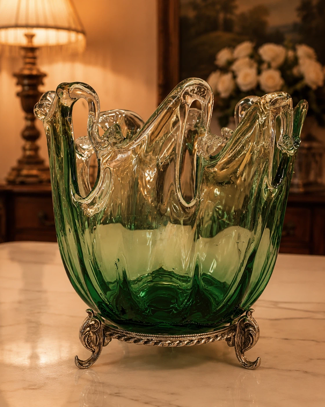 Large Green Art Glass Footed Centrepiece Bowl - photo 2